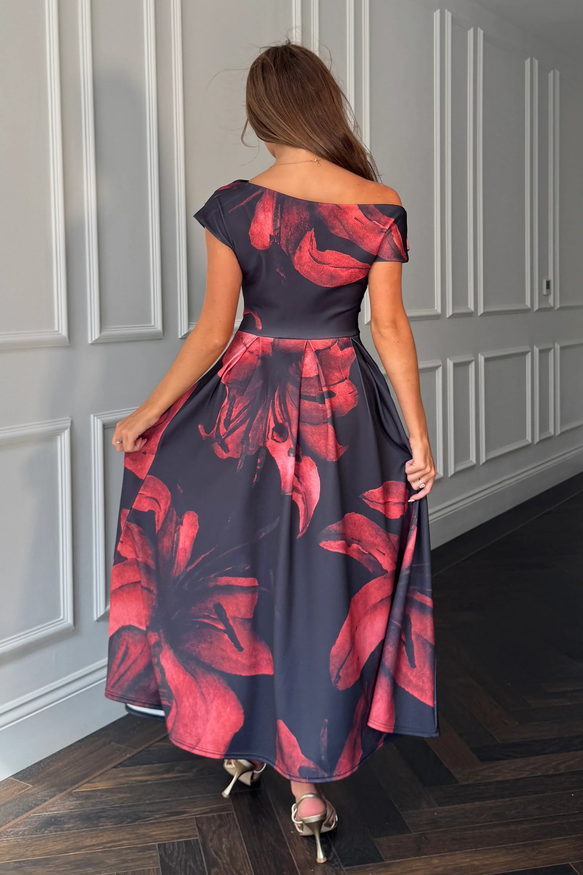 Betty Asymmetric Neckline Skater Midi Black Floral