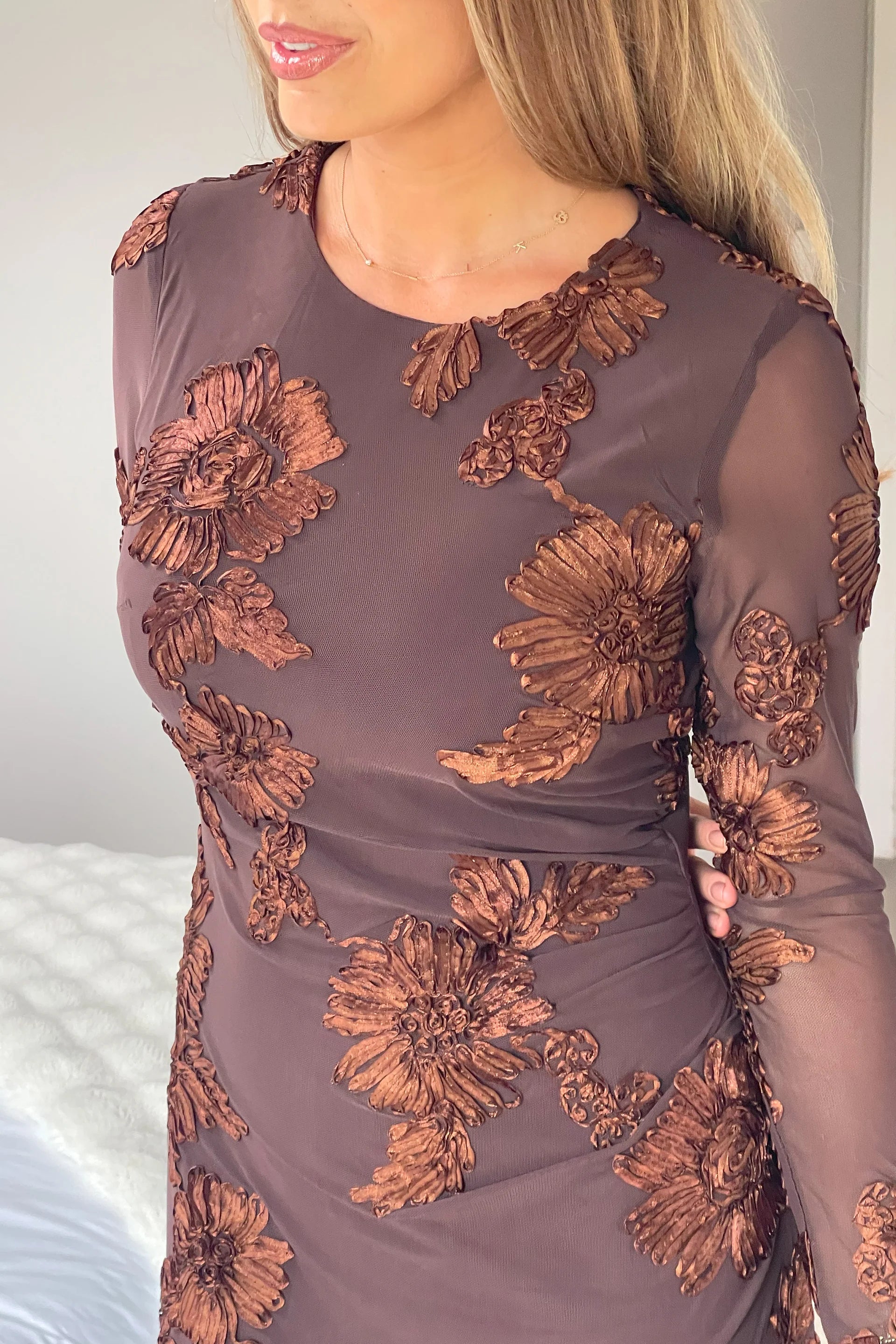 Elodie Floral Embroidered Mesh Bodycon Dress Brown
