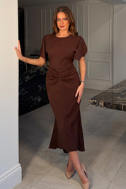 Cleo Ruched Detail Midi Dress In Brown