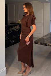 Cleo Ruched Detail Midi Dress In Brown