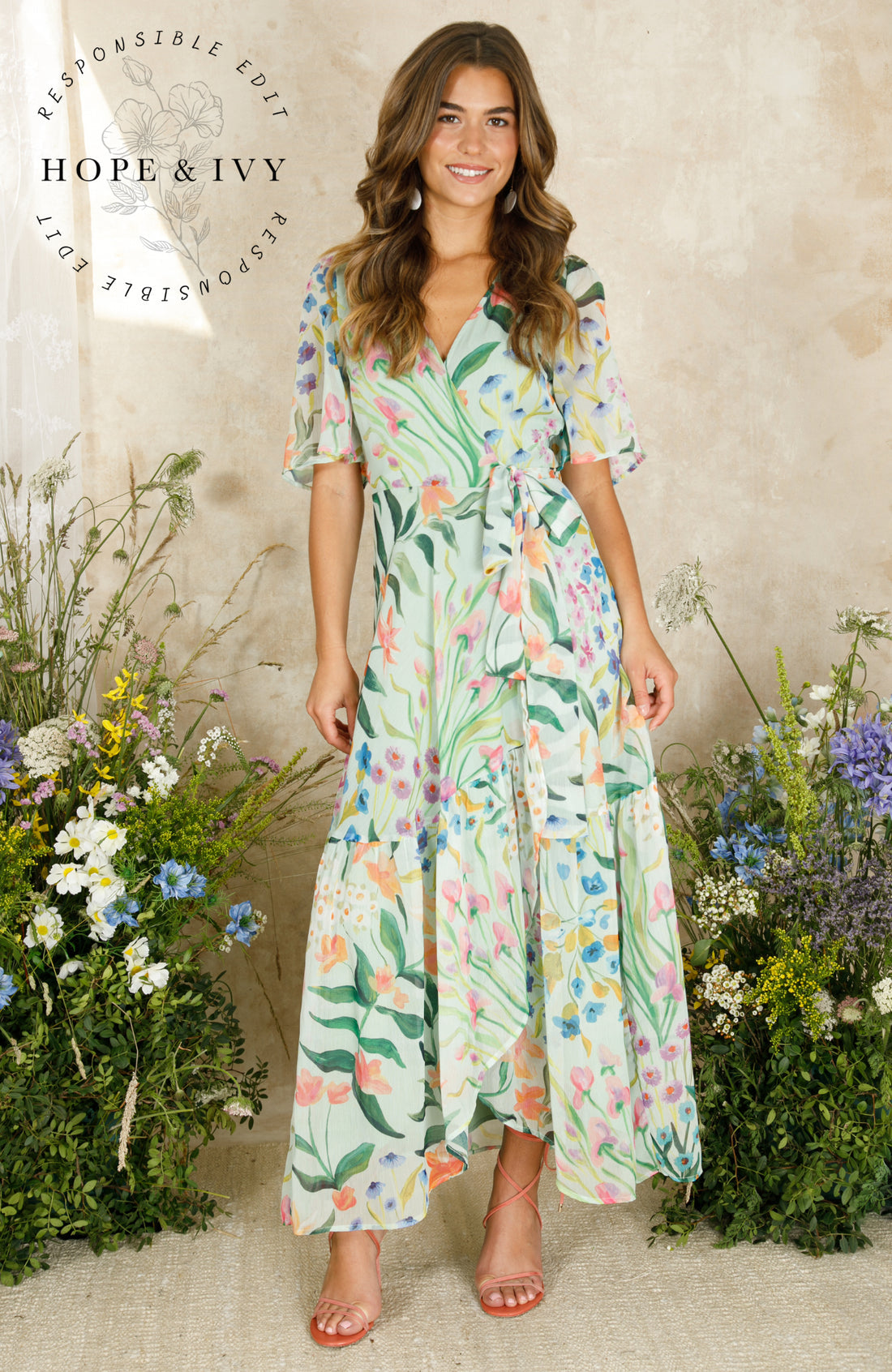 The Bonnie Flutter Sleeve Maxi Wrap Dress with Tie Waist