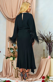 The Helena Feather Trim Flutter Sleeve Midi Dress with Embellished Bows