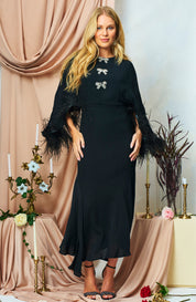 The Helena Feather Trim Flutter Sleeve Midi Dress with Embellished Bows