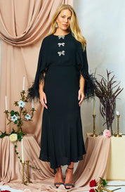 The Helena Feather Trim Flutter Sleeve Midi Dress with Embellished Bows