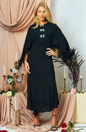 The Helena Feather Trim Flutter Sleeve Midi Dress with Embellished Bows