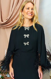 The Helena Feather Trim Flutter Sleeve Midi Dress with Embellished Bows