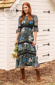 The Jemima -  High Neck Midi Dress with Tiered Ruffle Skirt and Contrast Lace Trims