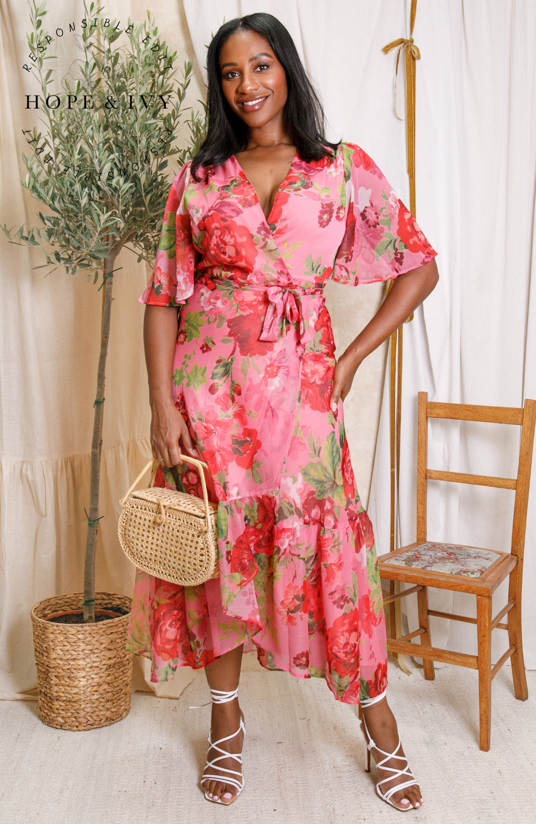 The Roxanne Flutter Sleeve Maxi Wrap Dress with Tie Waist