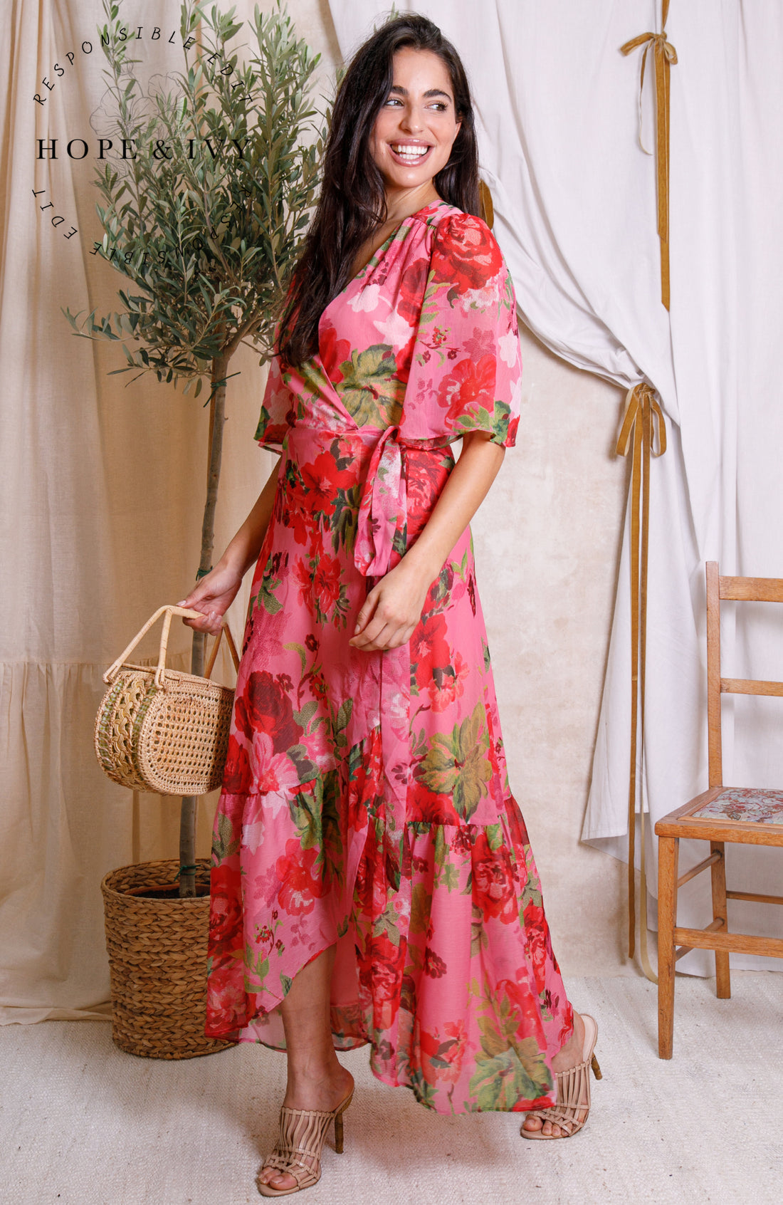 The Roxanne Flutter Sleeve Maxi Wrap Dress with Tie Waist