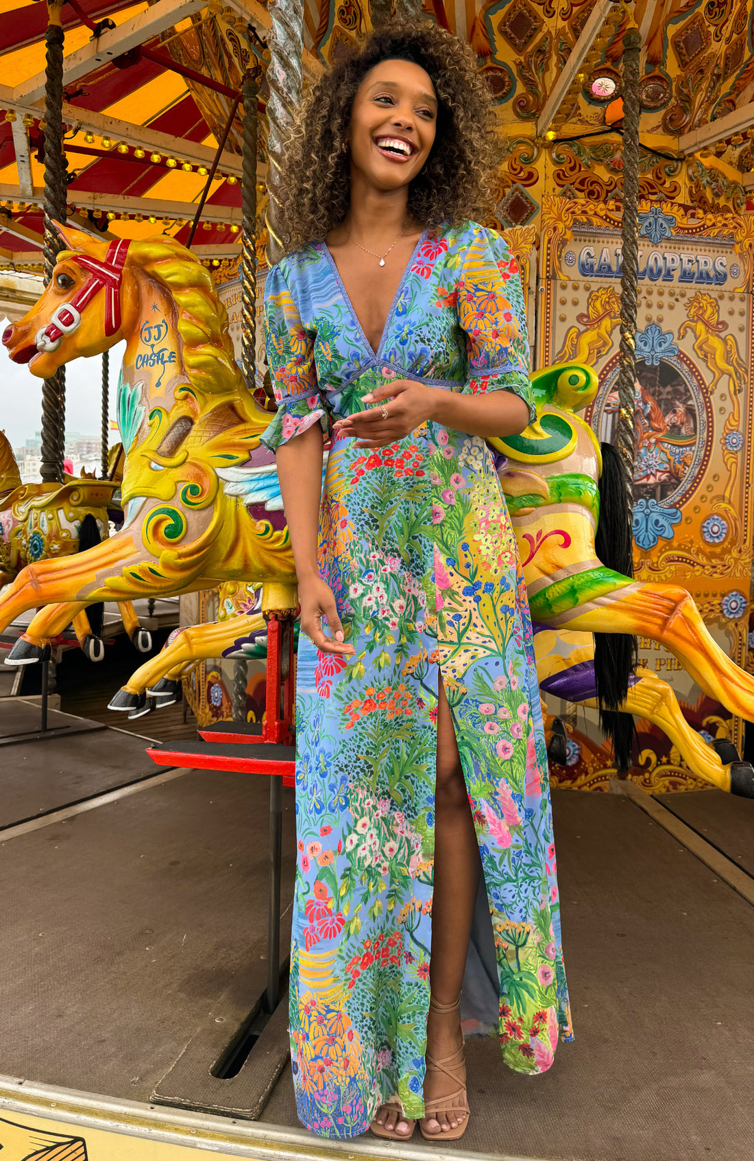 The Hazel Frill Sleeve Thigh Split Open Back Maxi Dress