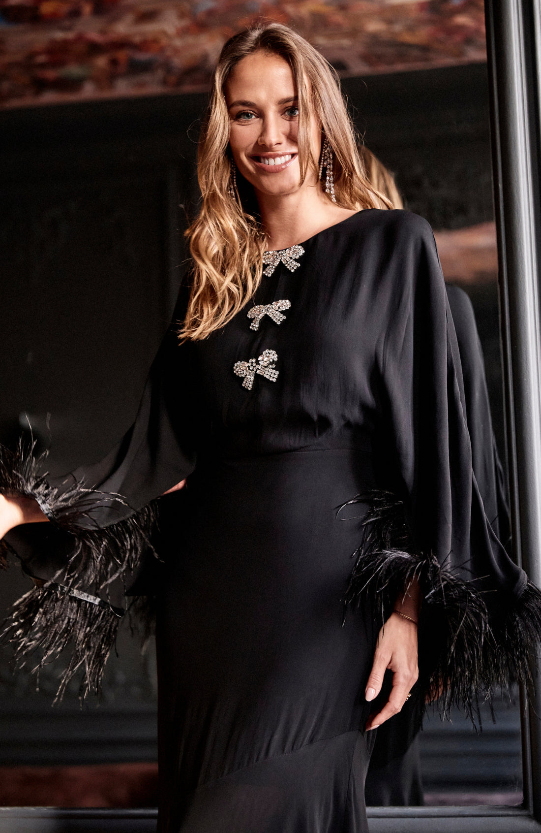 The Helena Feather Trim Flutter Sleeve Midi Dress with Embellished Bows