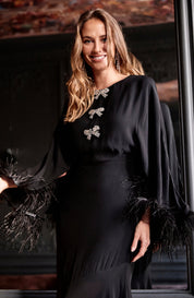 The Helena Feather Trim Flutter Sleeve Midi Dress with Embellished Bows