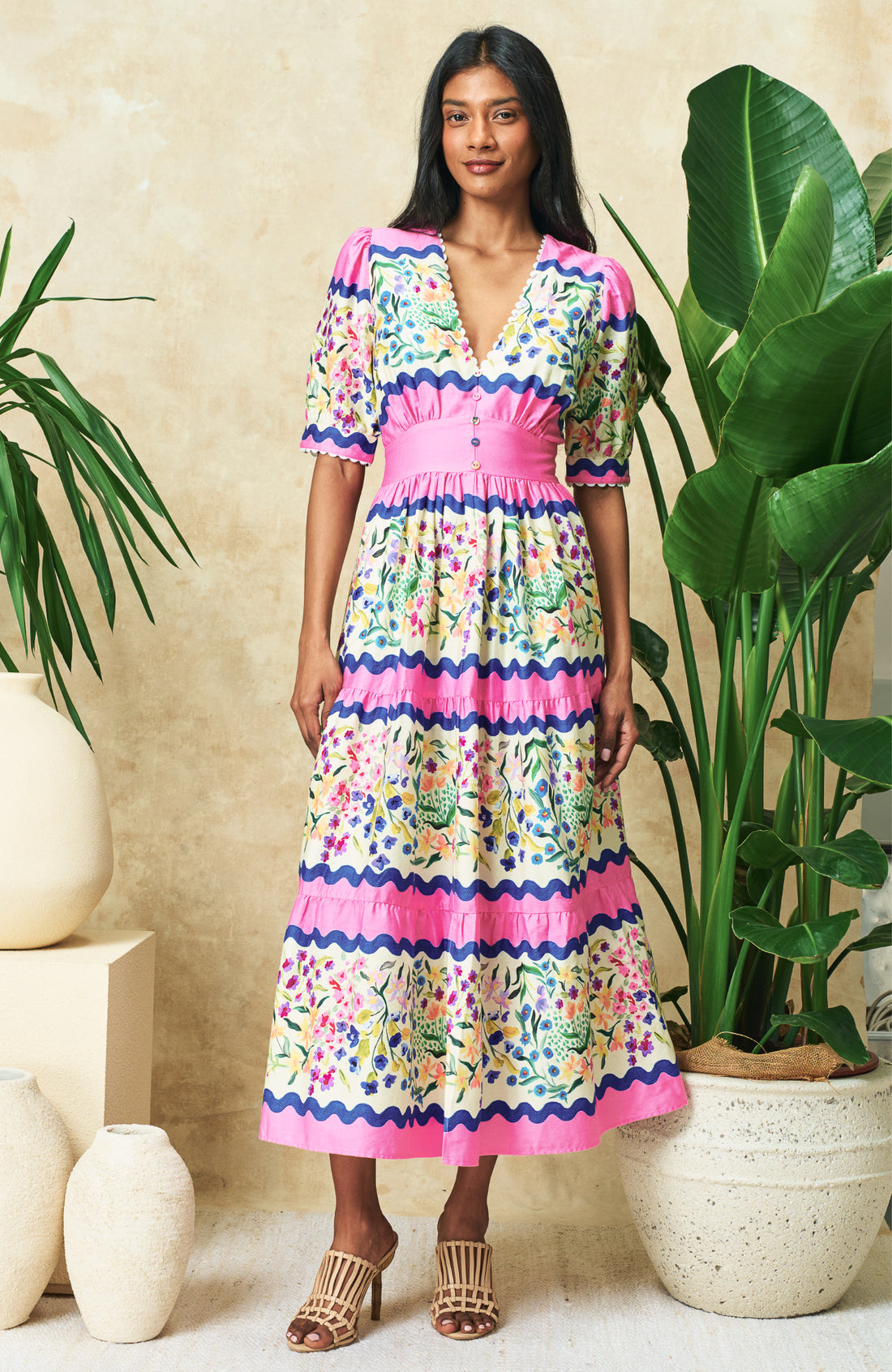 The Meredith V-Neck Full-Skirt Tea Dress with Puff Sleeves