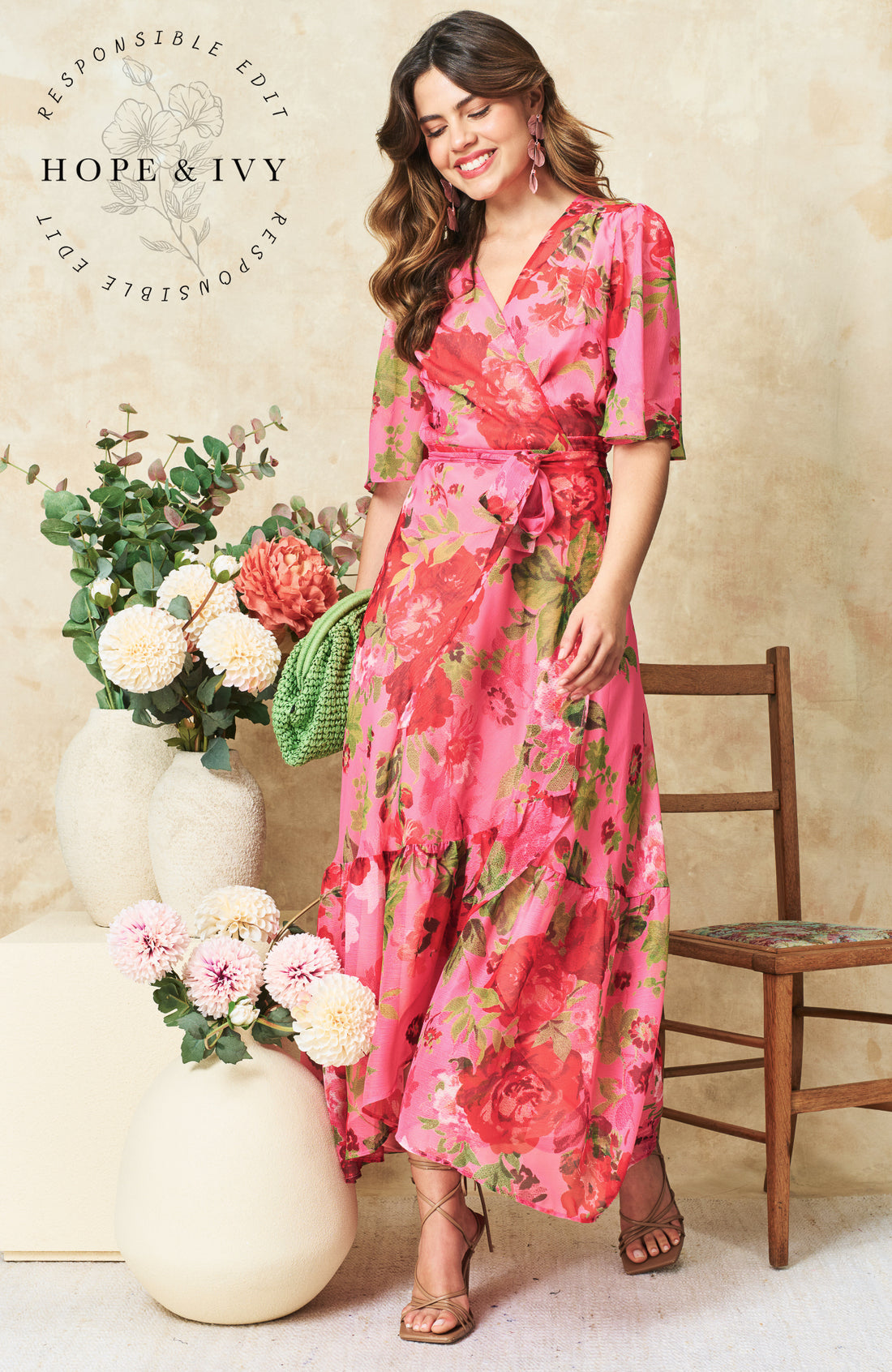 The Roxanne Flutter Sleeve Maxi Wrap Dress with Tie Waist