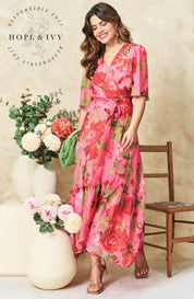 The Roxanne Flutter Sleeve Maxi Wrap Dress with Tie Waist