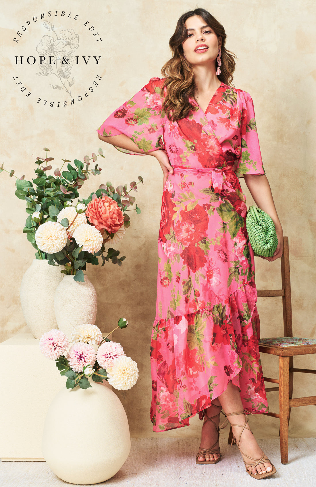 The Roxanne Flutter Sleeve Maxi Wrap Dress with Tie Waist