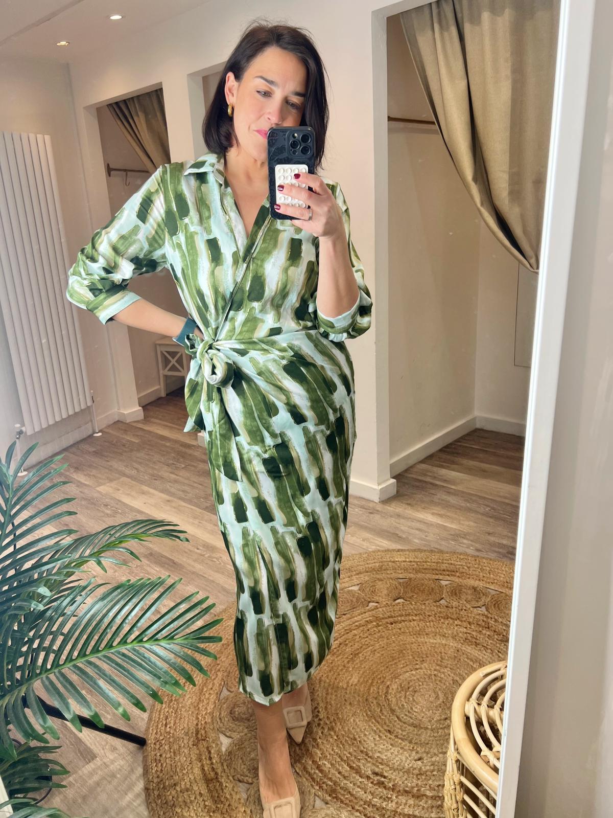 Katie Khaki Brush Stroke Print 3/4 Sleeve Tie Waist Wrap Shirt Midi Dress