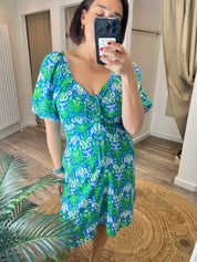 Cherry Green and Blue Ruched Tea Dress