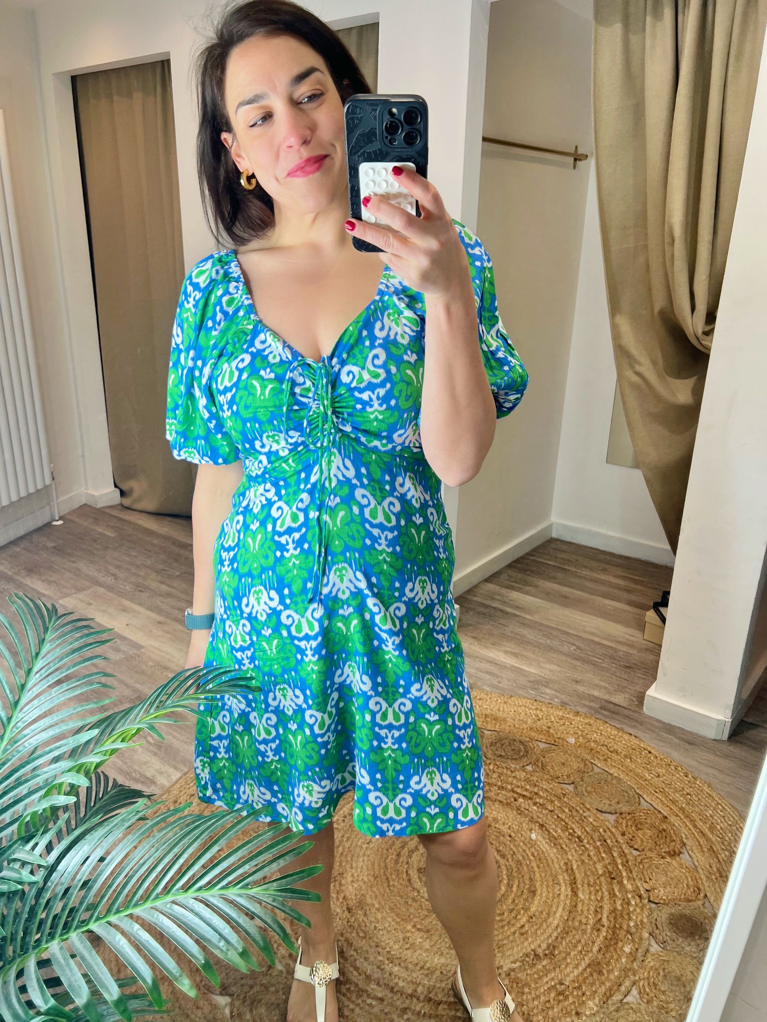 Cherry Green and Blue Ruched Tea Dress