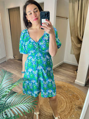 Cherry Green and Blue Ruched Tea Dress