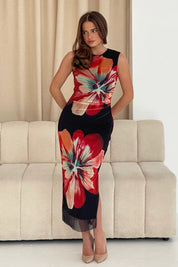 Sonnet Ruched Waist Sleevless Mesh Midi Dress Black