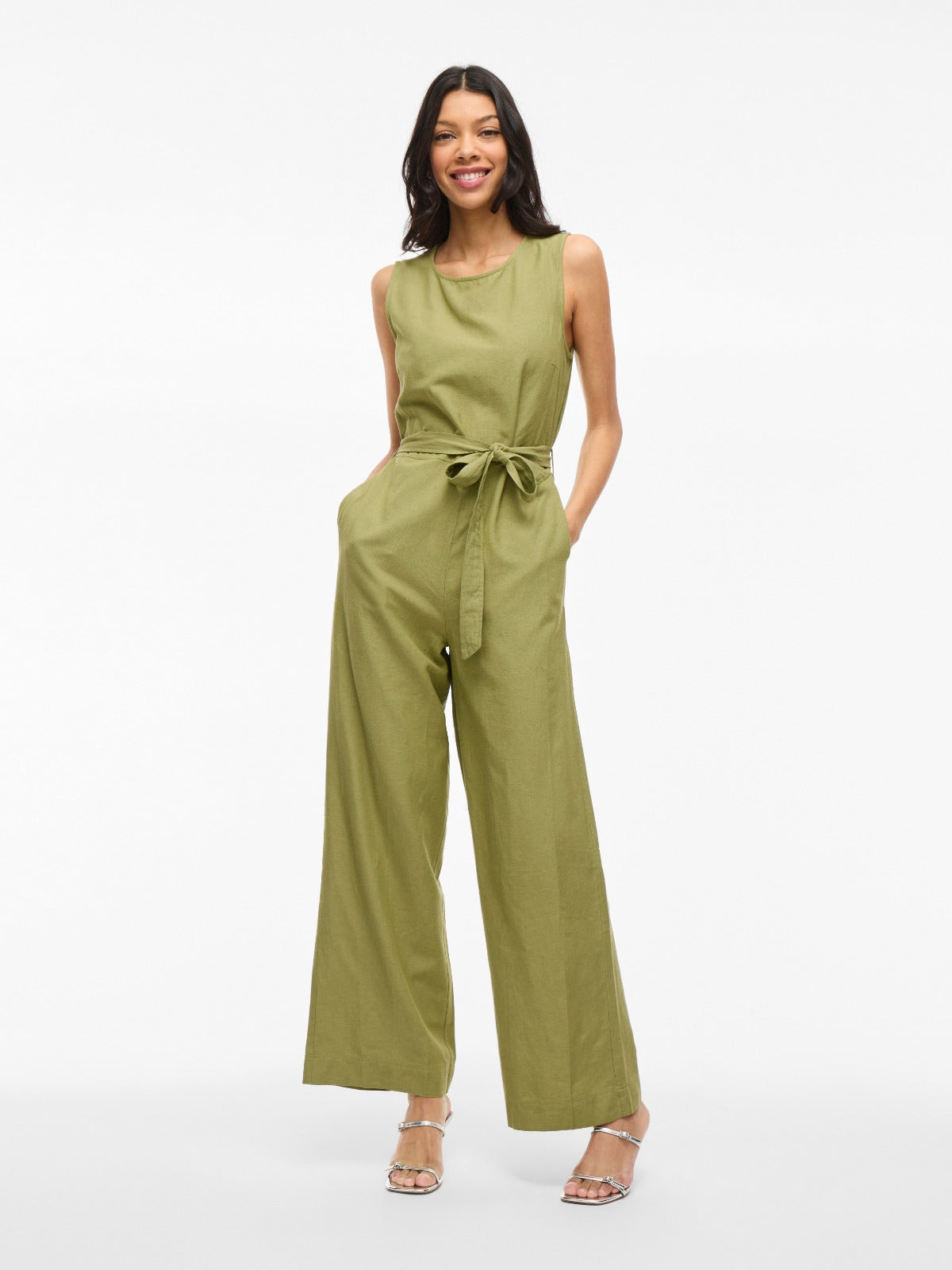 Prisilla Green Sleeveless Tie Front Jumpsuit