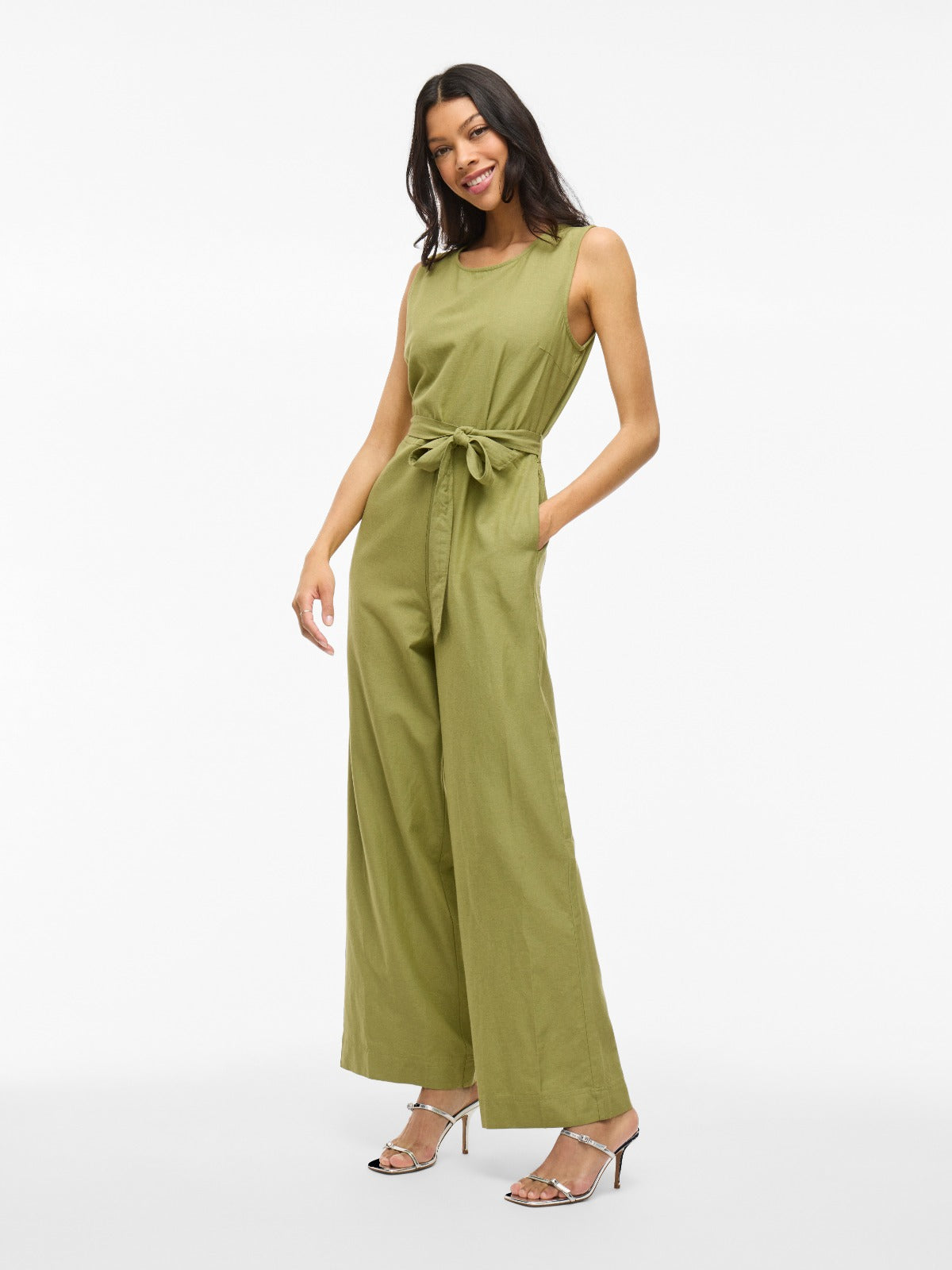 Prisilla Green Sleeveless Tie Front Jumpsuit
