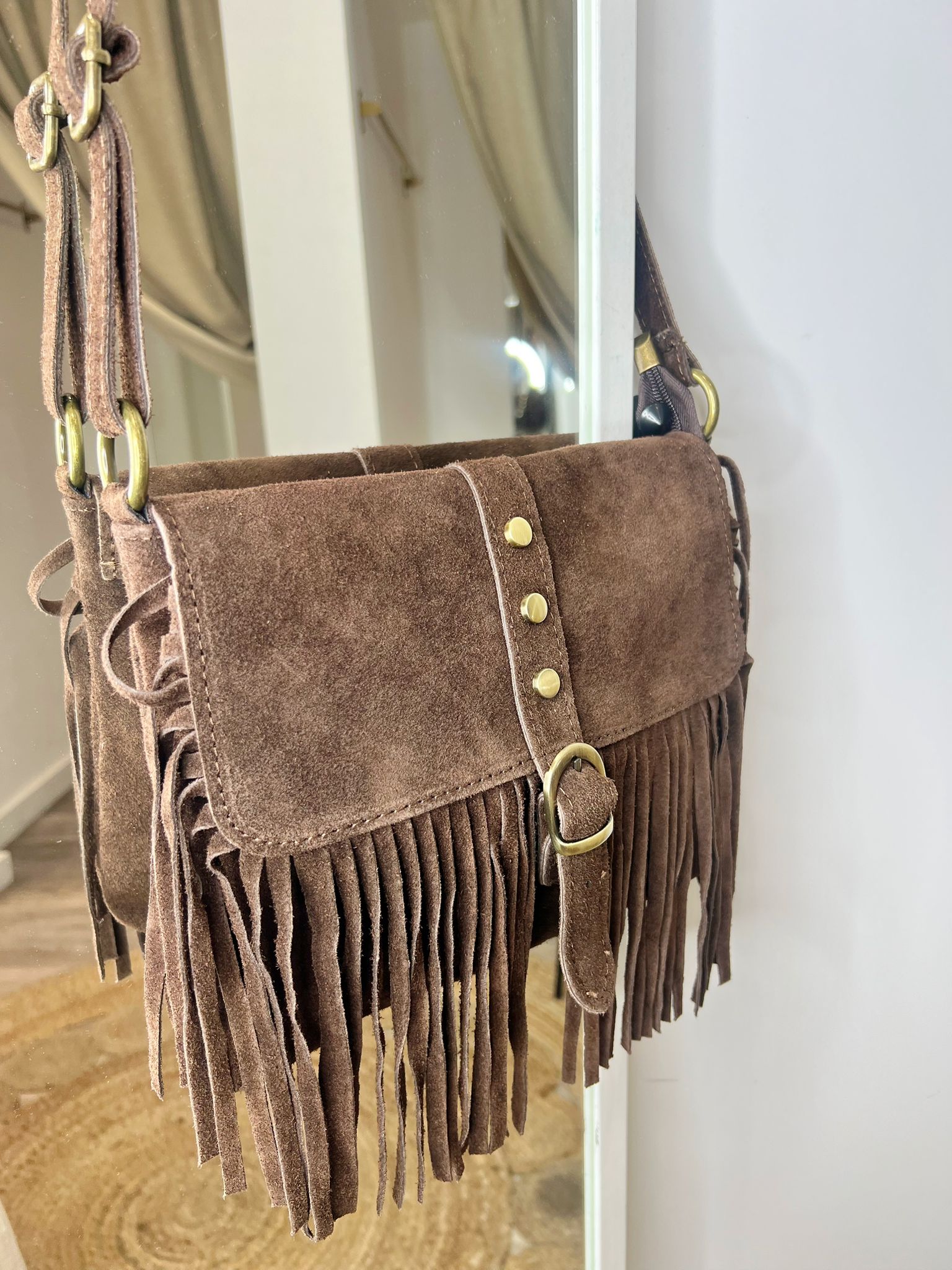 Suede Brown Across the Body Tassel, Buckle Bag
