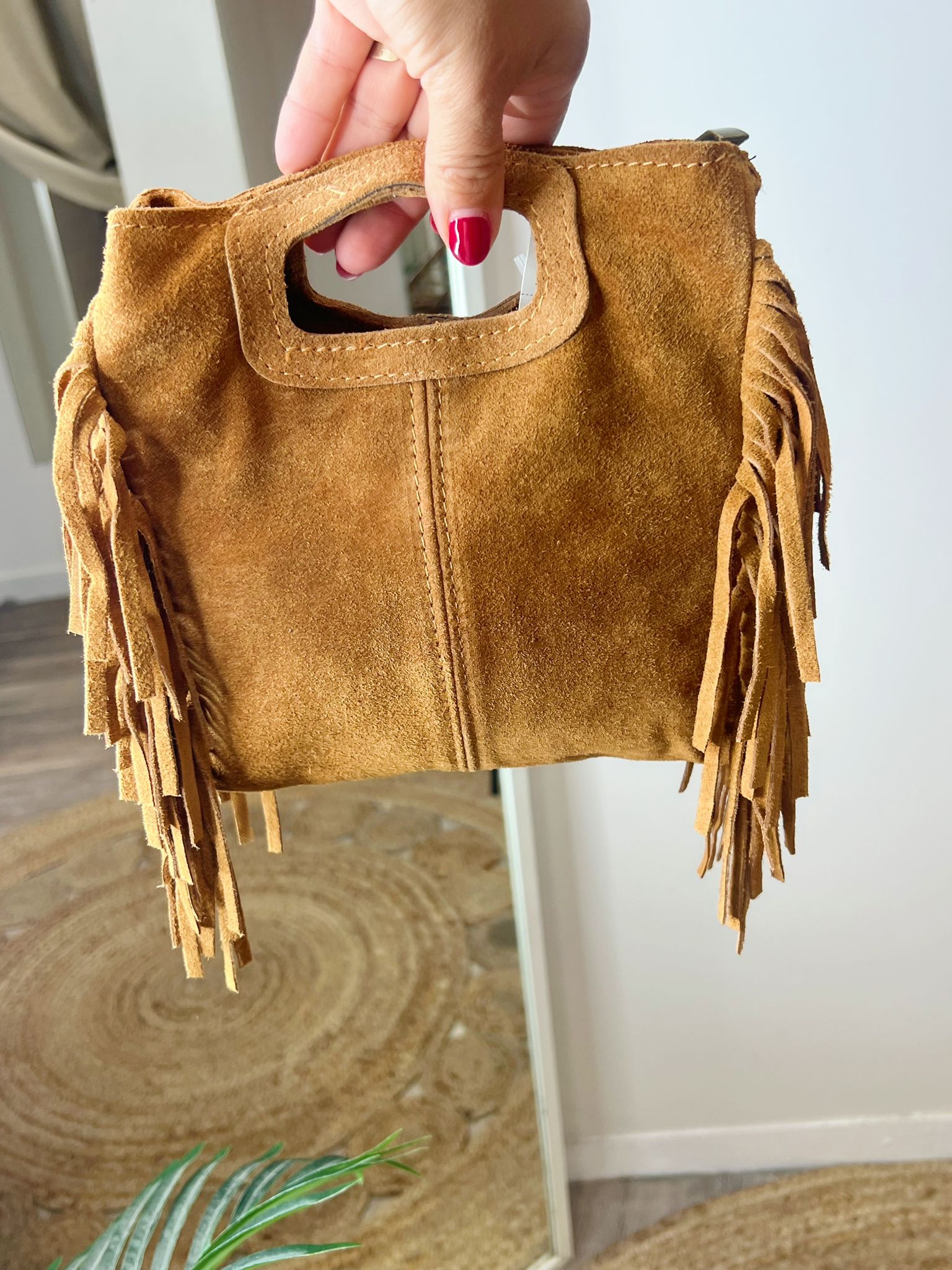 Suede Tan Square Tassel Handbag