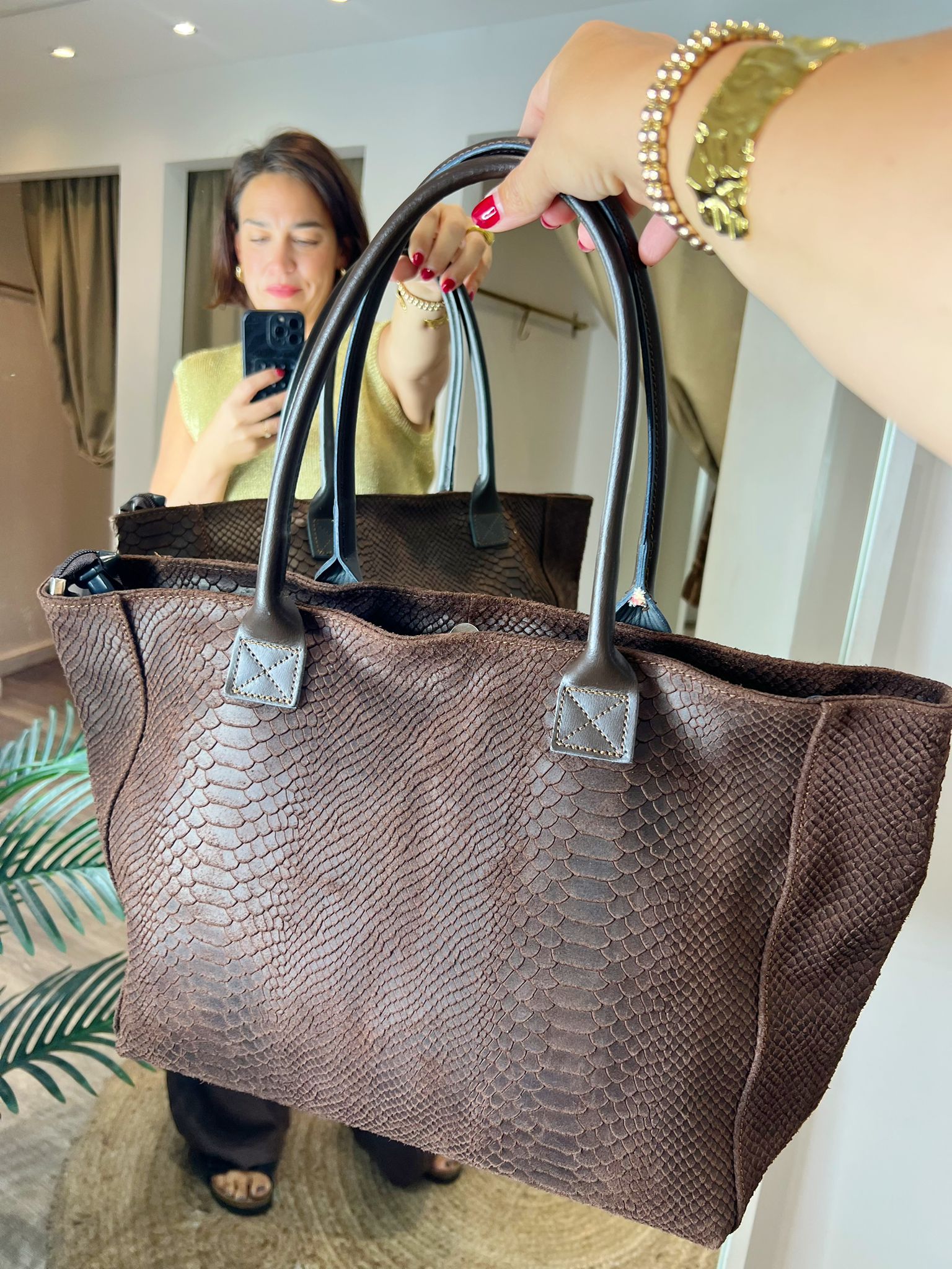 Leather Brown Snake Print Shopper