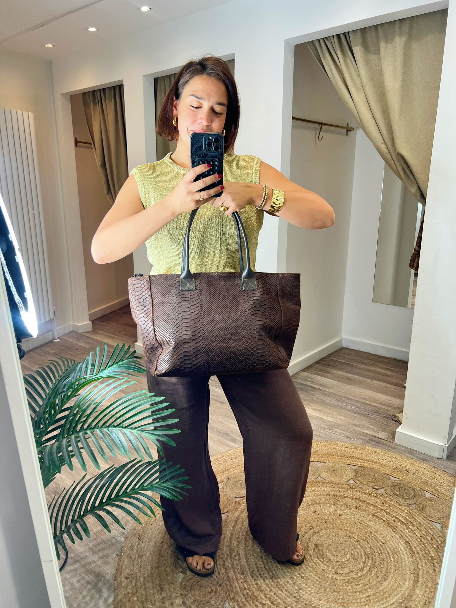 Leather Brown Snake Print Shopper