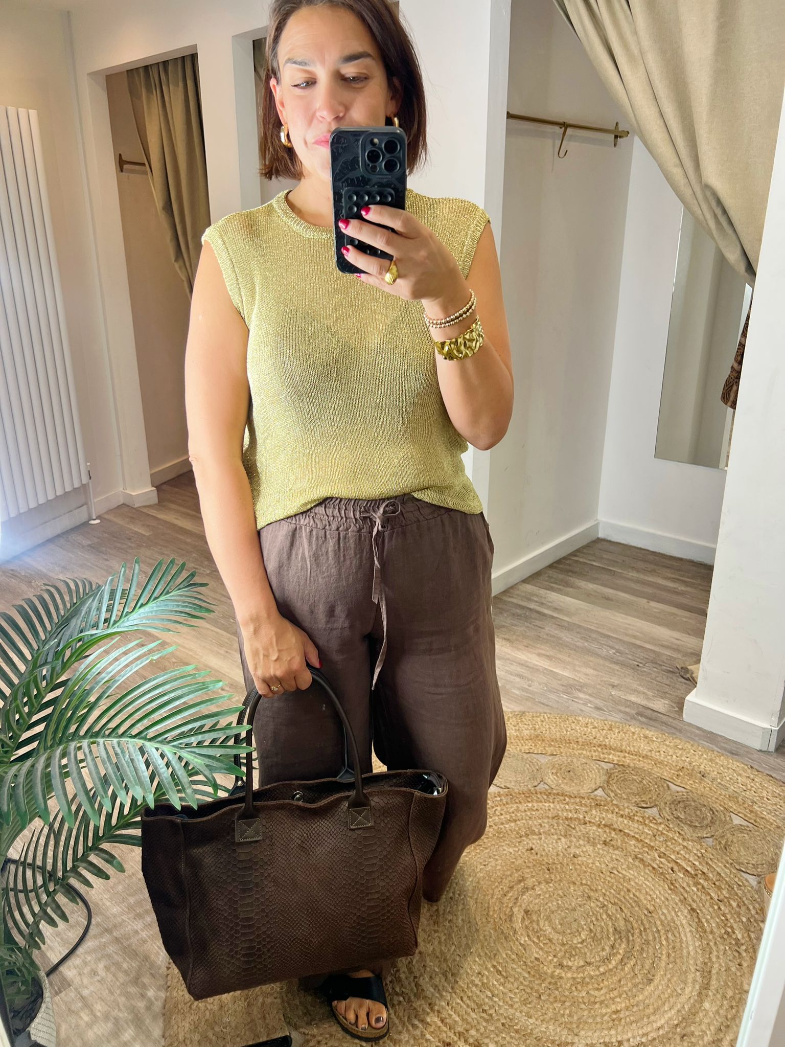Leather Brown Snake Print Shopper