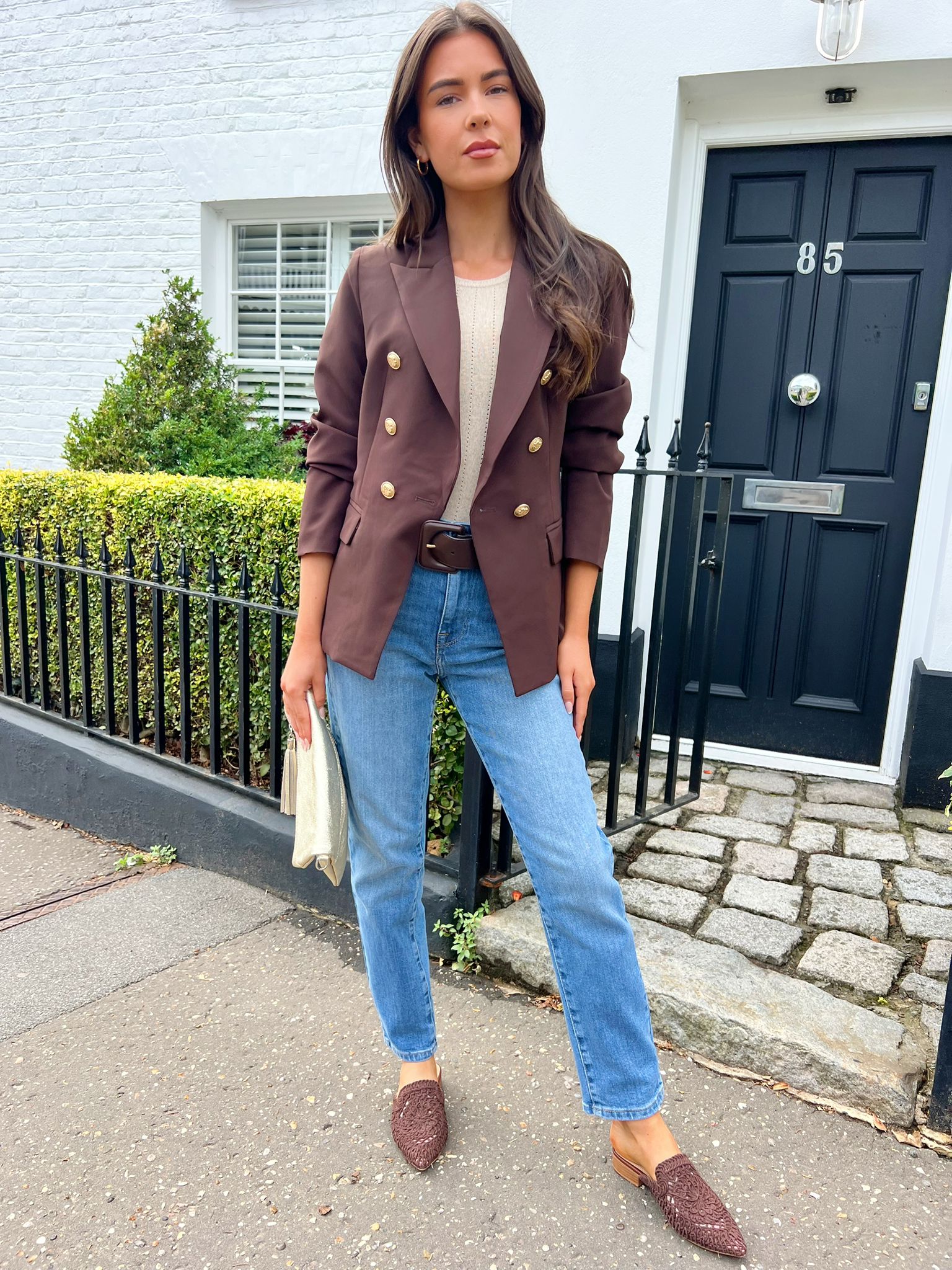Tailored Attentif Brown Fitted Blazer with Gold Buttons