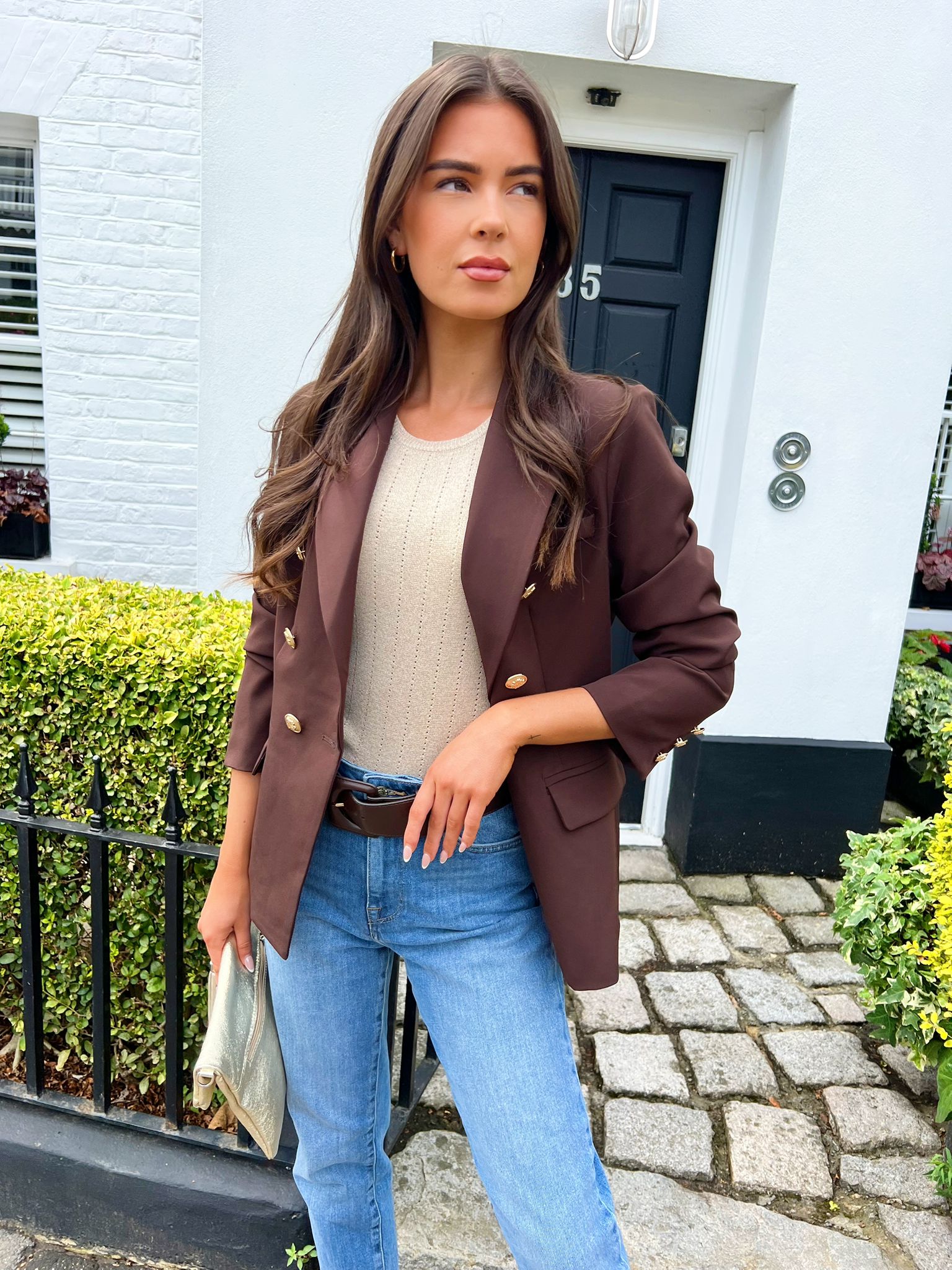 Tailored Attentif Brown Fitted Blazer with Gold Buttons