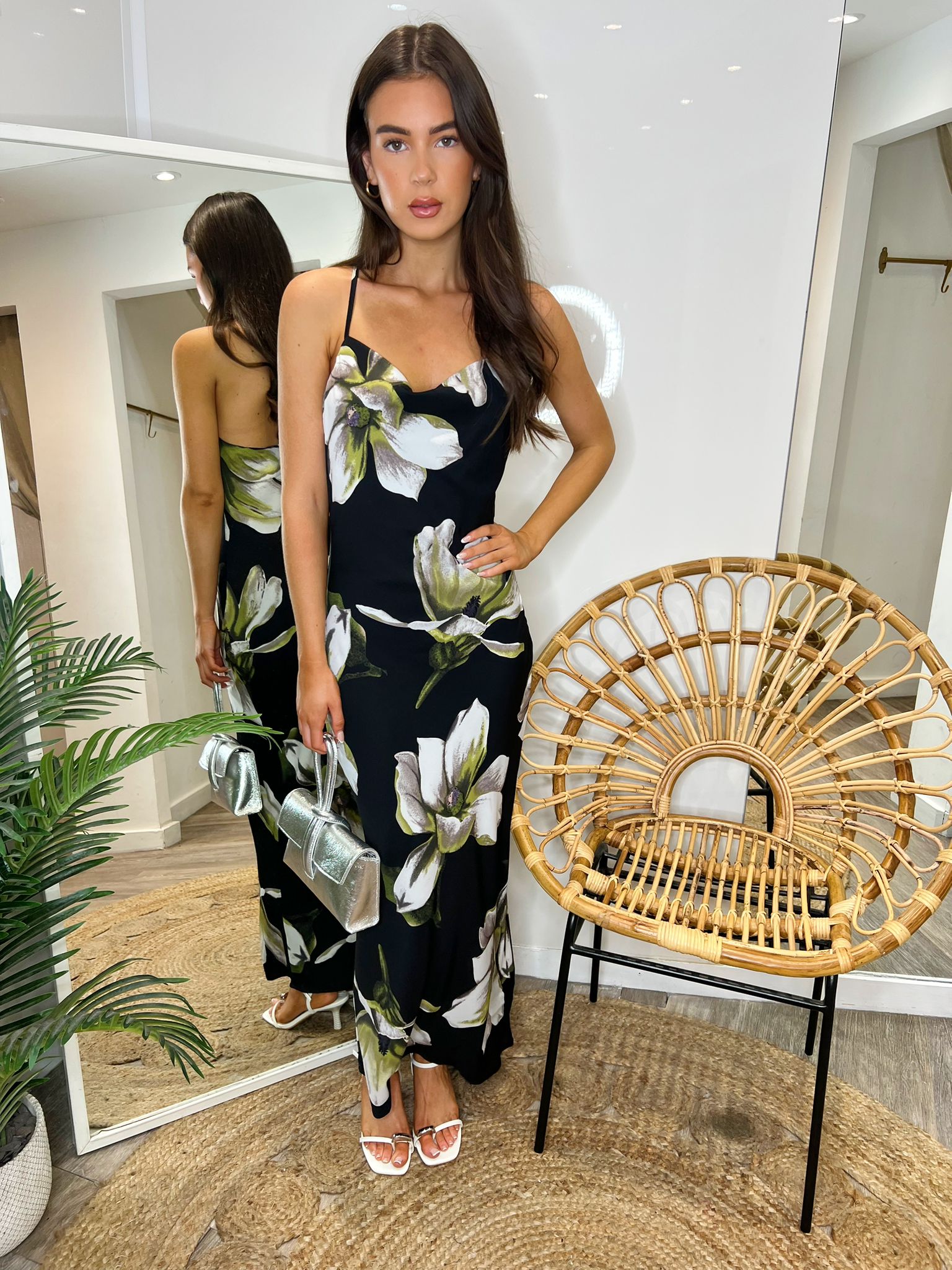 Blair Black Floral Print Cowl Neck Midi Dress