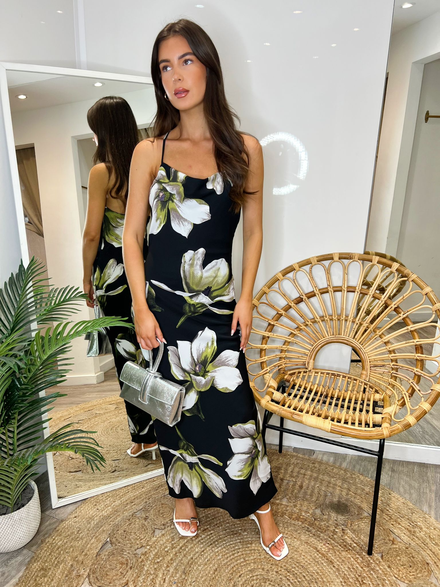 Blair Black Floral Print Cowl Neck Midi Dress