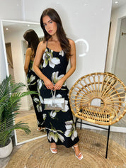 Blair Black Floral Print Cowl Neck Midi Dress