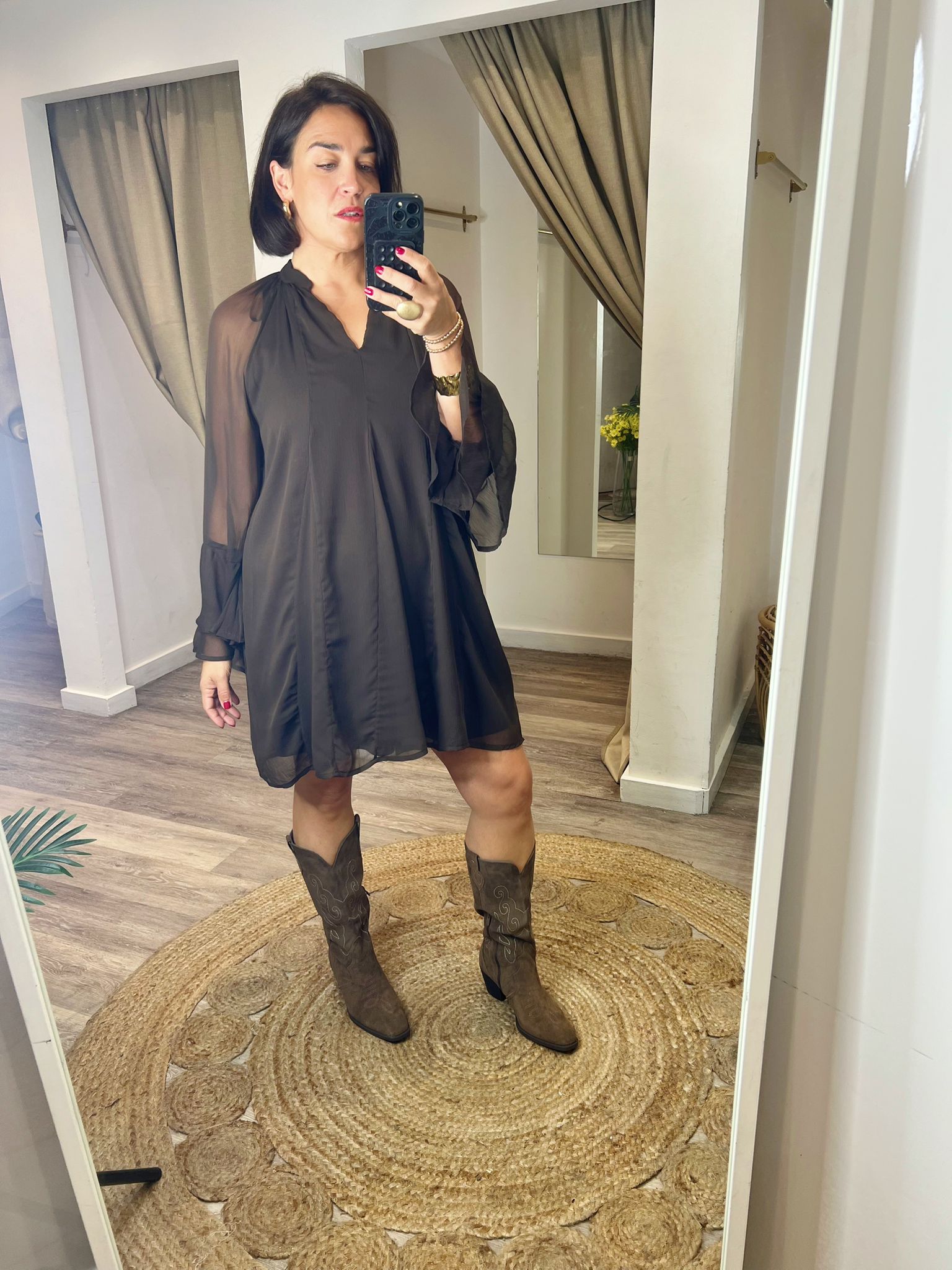 Jasmin Brown Sheer Ruffle Mini Swing Dress