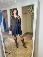Jasmin Brown Sheer Ruffle Mini Swing Dress