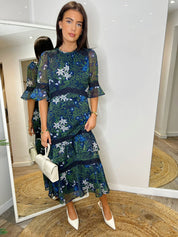 The Jemima -  High Neck Midi Dress with Tiered Ruffle Skirt and Contrast Lace Trims