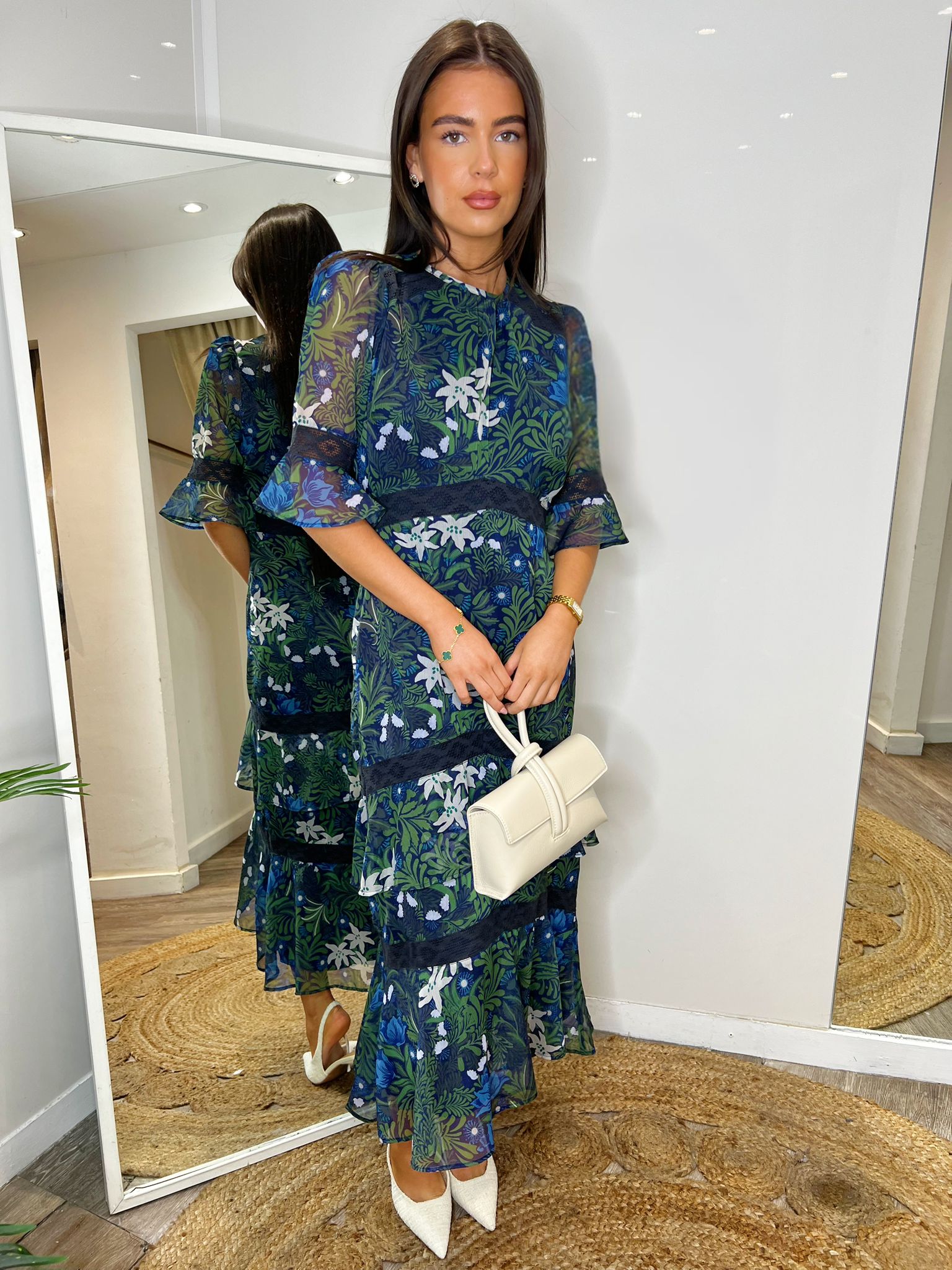 The Jemima -  High Neck Midi Dress with Tiered Ruffle Skirt and Contrast Lace Trims