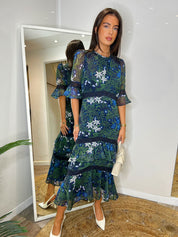 The Jemima -  High Neck Midi Dress with Tiered Ruffle Skirt and Contrast Lace Trims