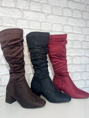 Roxy Ruched Knee High Block Heel Boot