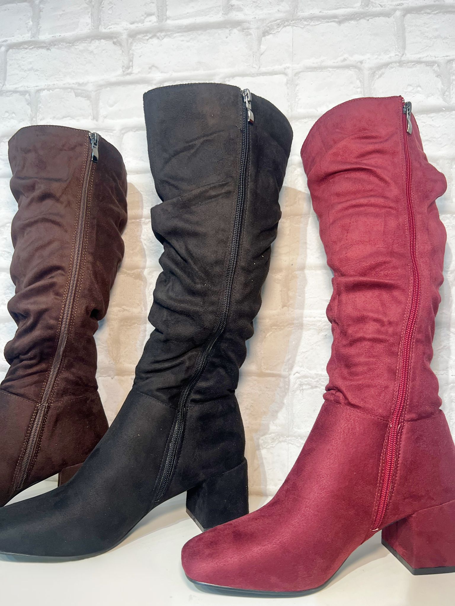 Roxy Ruched Knee High Block Heel Boot
