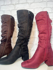 Roxy Ruched Knee High Block Heel Boot