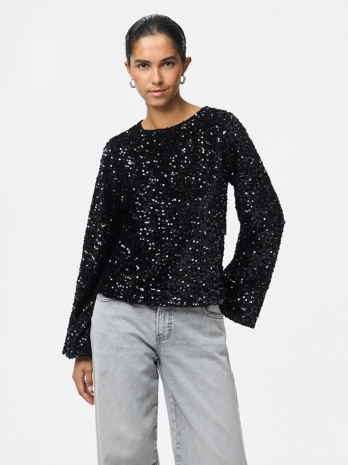Kam Sequin Long Sleeve Top with Bow Detail - Black