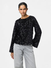 Kam Sequin Long Sleeve Top with Bow Detail - Black