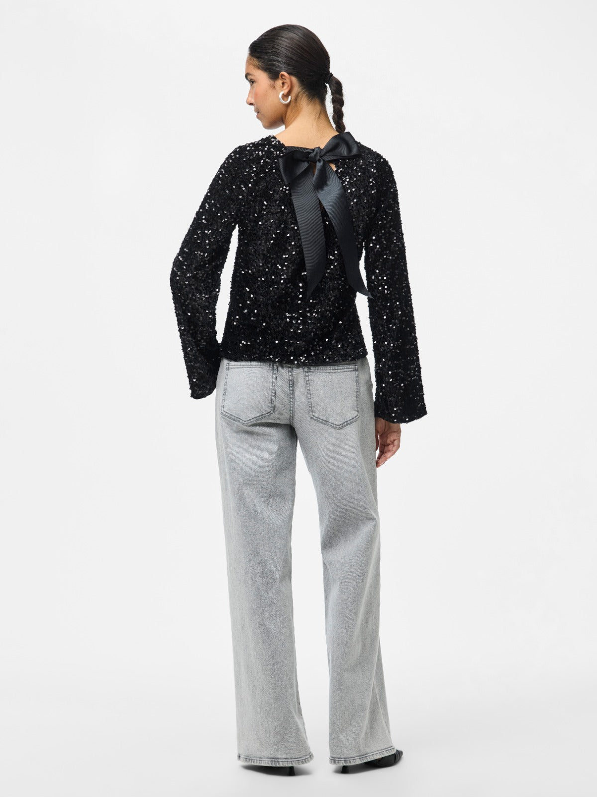 Kam Sequin Long Sleeve Top with Bow Detail - Black