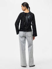 Kam Sequin Long Sleeve Top with Bow Detail - Black