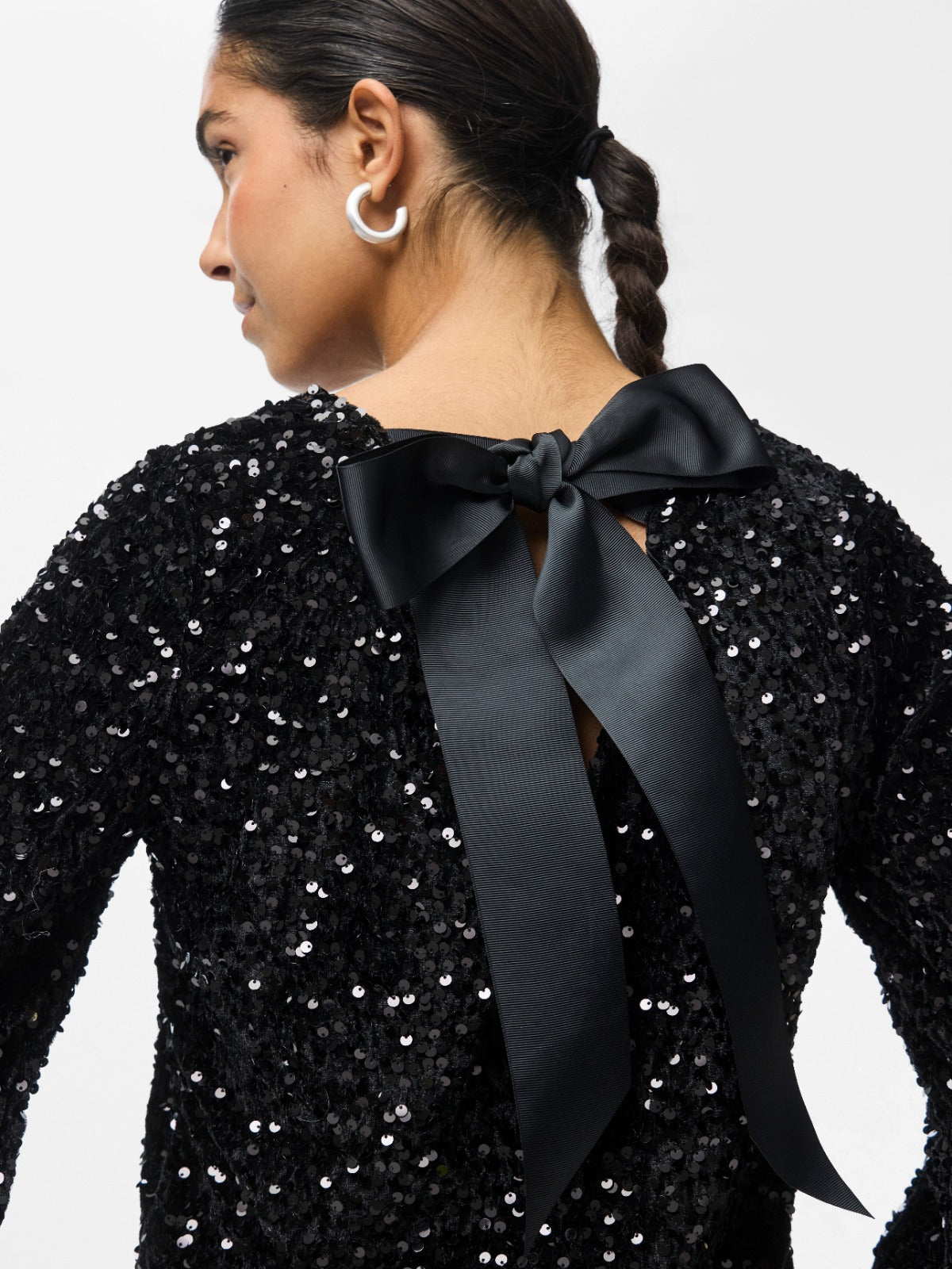 Kam Sequin Long Sleeve Top with Bow Detail - Black